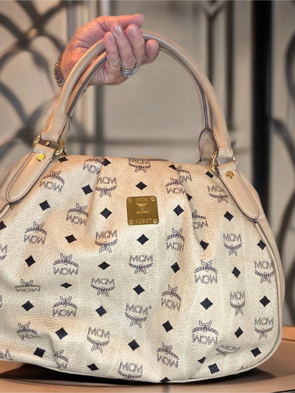 MCM Cream Visetos Dome Satchel with Gold Plaque